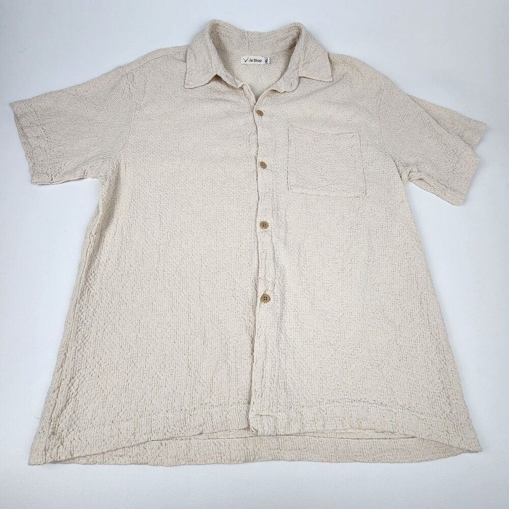 Ja Shop Men's XL Beige Textured Gauze Camp Shirt Short Sleeve Button Up Oversize
